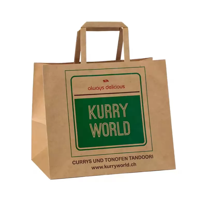 Eco-friendly brown kraft paper takeaway bags with flat paper handles by UGI Packaging