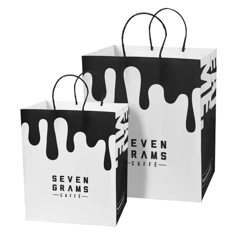 Custom white kraft paper bags with handles for food retail by UGI Packaging