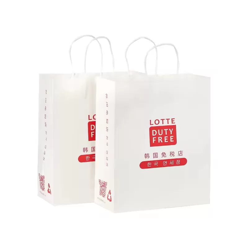 Custom white kraft paper shopping bags with printed logo showing flexographic print quality by UGI Packaging