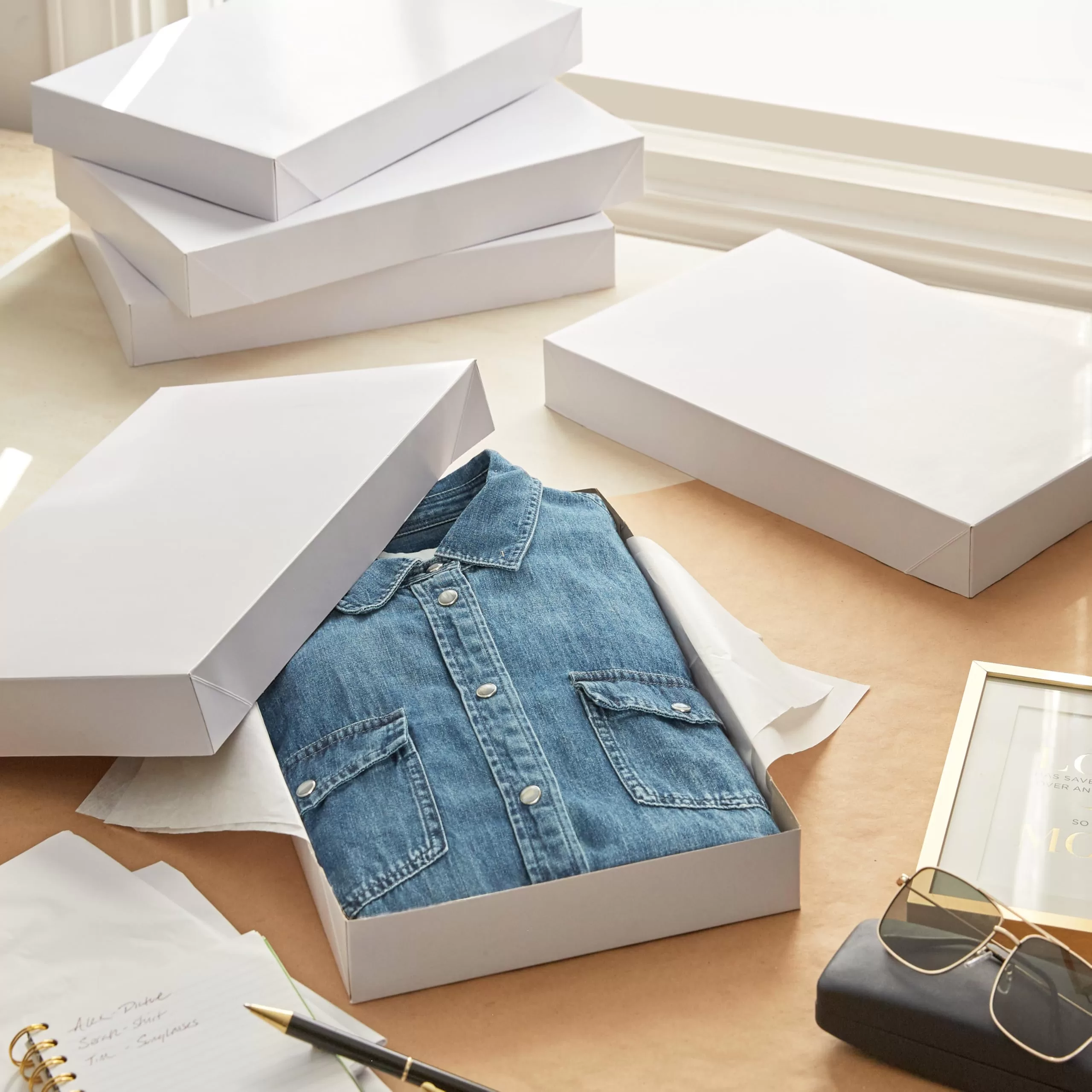 White rigid apparel packaging boxes displaying folded denim shirt