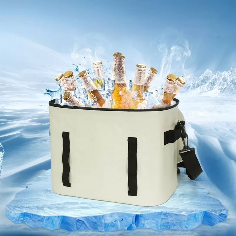Cream insulated takeout bag with black handles holding chilled champagne bottles