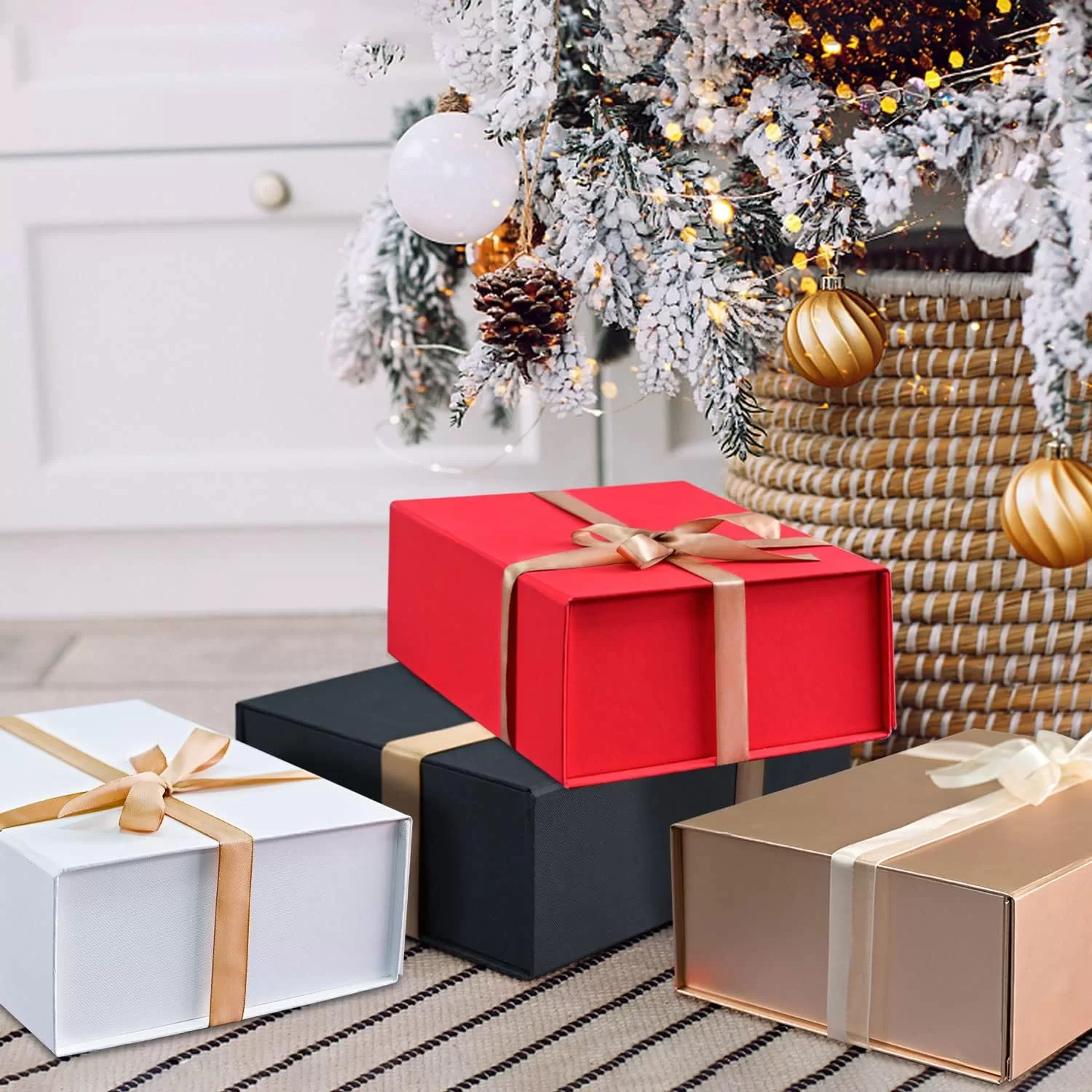 Red, white, black, and kraft foldable gift boxes with ribbon bows in holiday setting