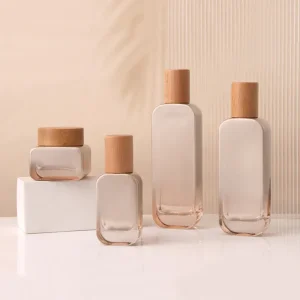 6pcs glass cream jars lotion pump bottles wooden caps skincare set UGI Packaging cosmetic manufacturer