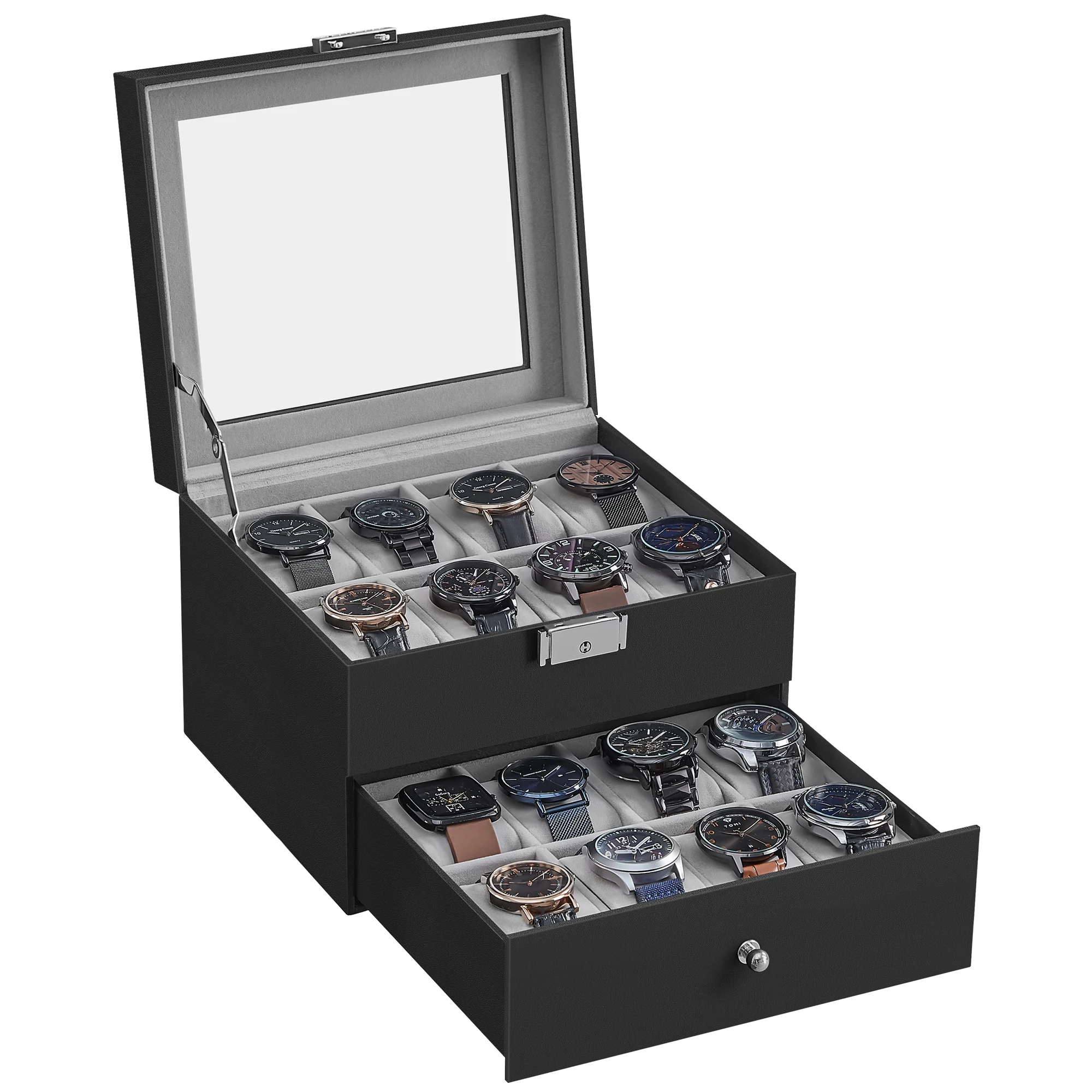 Open 20 Slot Watch Display Case showing top glass lid and two drawers for organizing watches, jewelry, and accessories