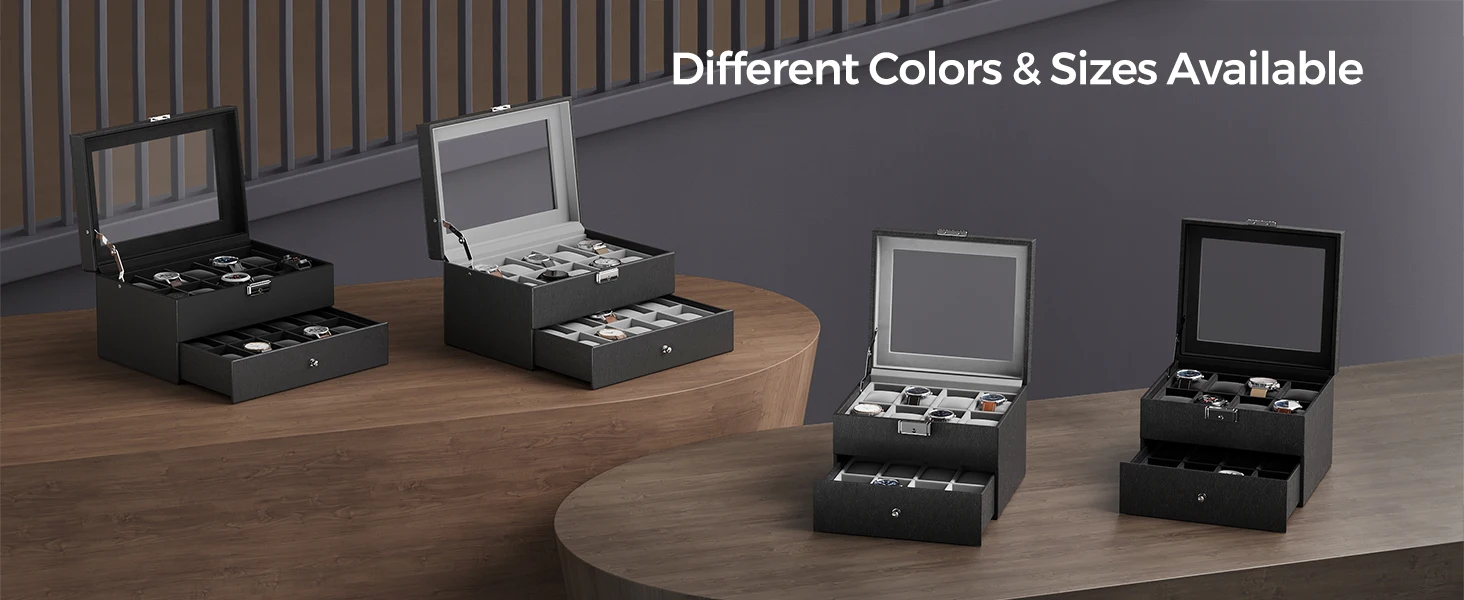 20 Slot Watch Display Case with 2-layer design, clear glass lid, black synthetic leather exterior, velvet interior, removable pillows, and secure lock