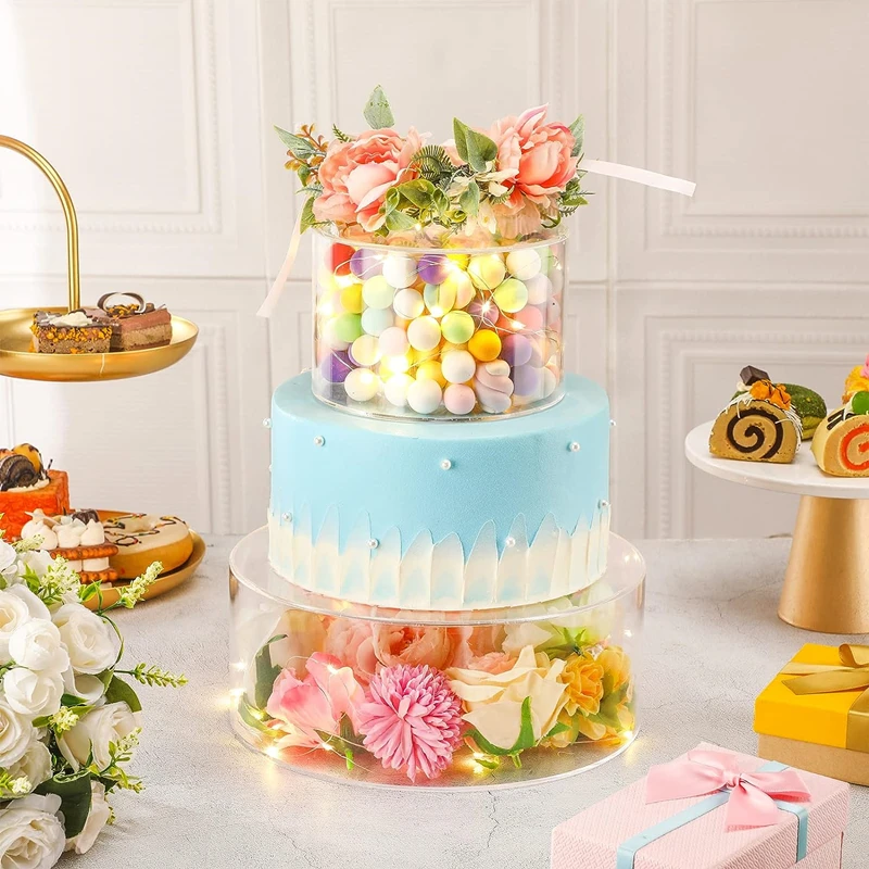 Acrylic cake stand with fillable risers and built-in LED lights, perfect for showcasing layered cakes and desserts