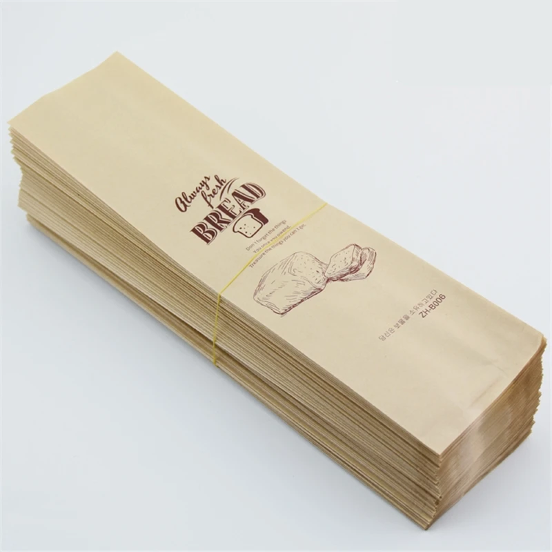 Multiple sizes of bakery packaging bags from 9cm to 11cm width showing proper fit for baguettes, pastries and artisan breads