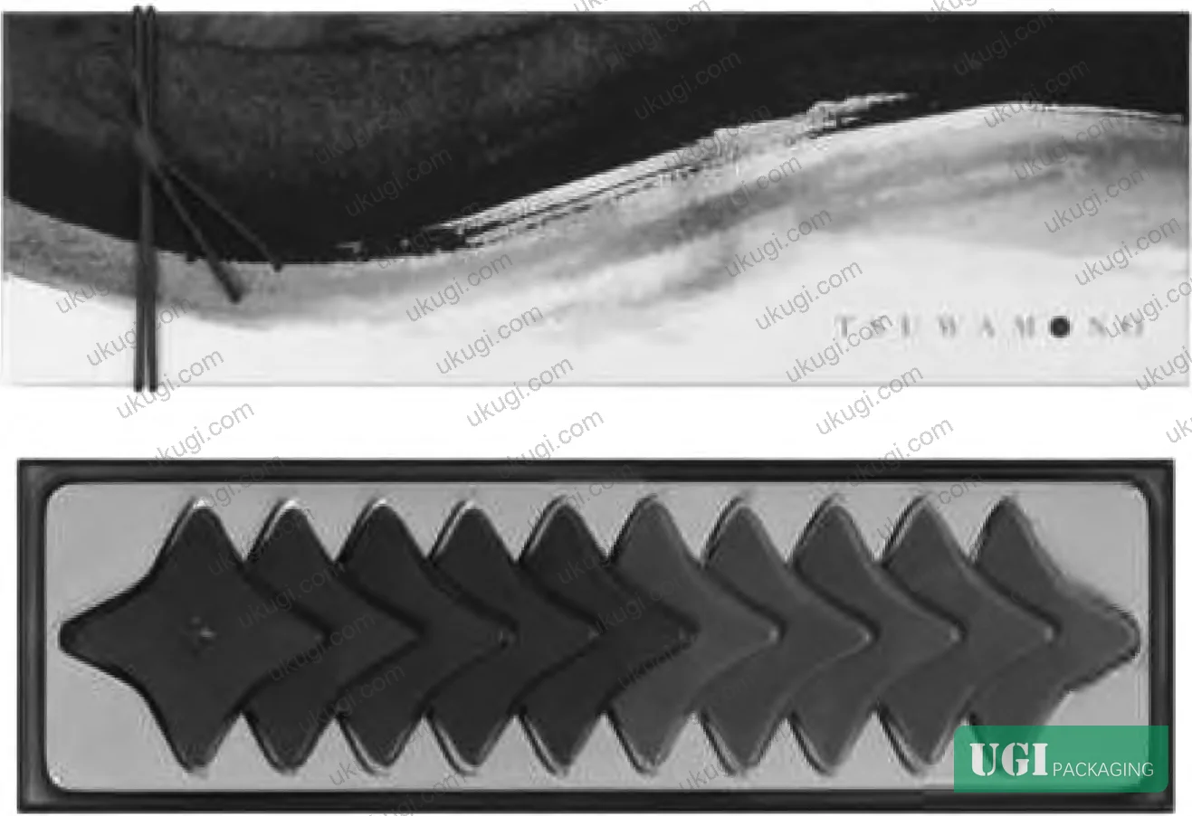 Figure 2: Minimalist geometric print execution on premium chocolate folding carton — Chez Christophe alpine-motif packaging showing offset print and clean die-cut interaction