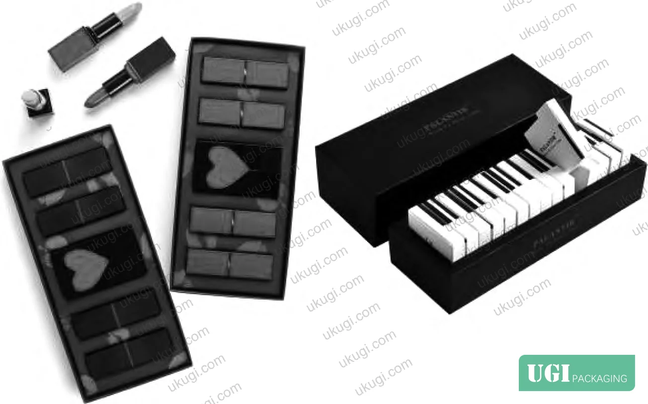 Figure 4: Personalization-driven structural formats for target demographic segments — lipstick and piano motif carton demonstrating youth-market differentiation through structural form