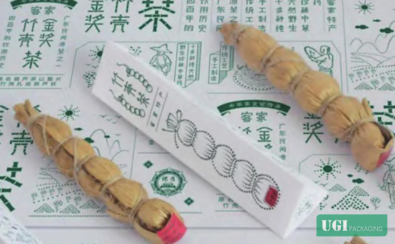 Figure 4: Minimalist tea packaging design using single-color printing and structural embossing to reduce ink coverage by 75% while maintaining brand recognition and shelf presence