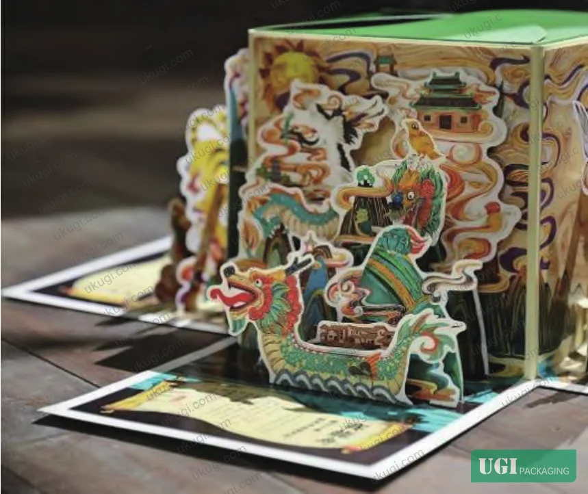 Figure 1: Festival gift packaging incorporating foldout panels and embossed symbolic motifs for tactile engagement