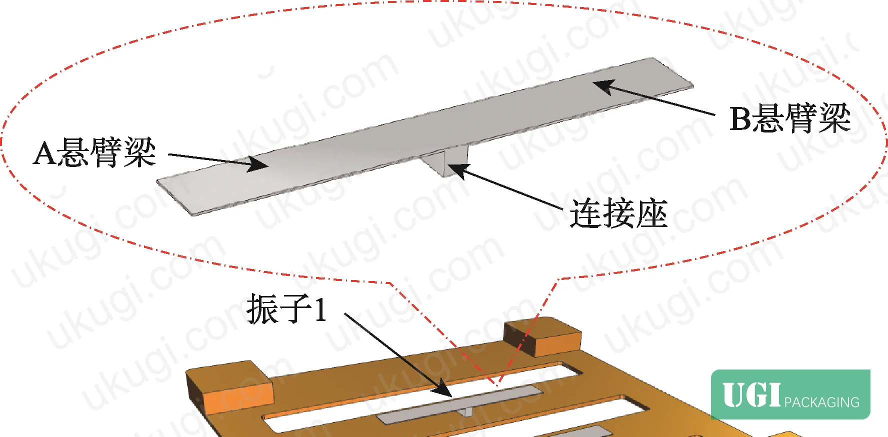 Figure 8: FEA model of T-shaped oscillator integrated into packaging tray underside