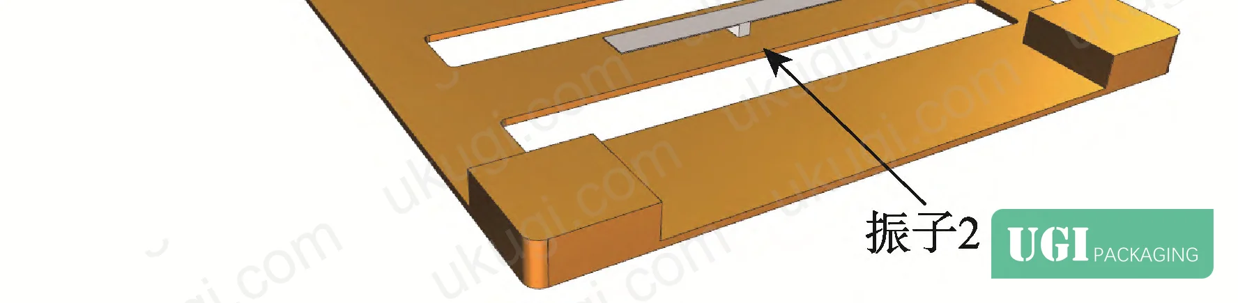Figure 9: Packaging tray system with T-shaped oscillator mounted to underside — assembly view