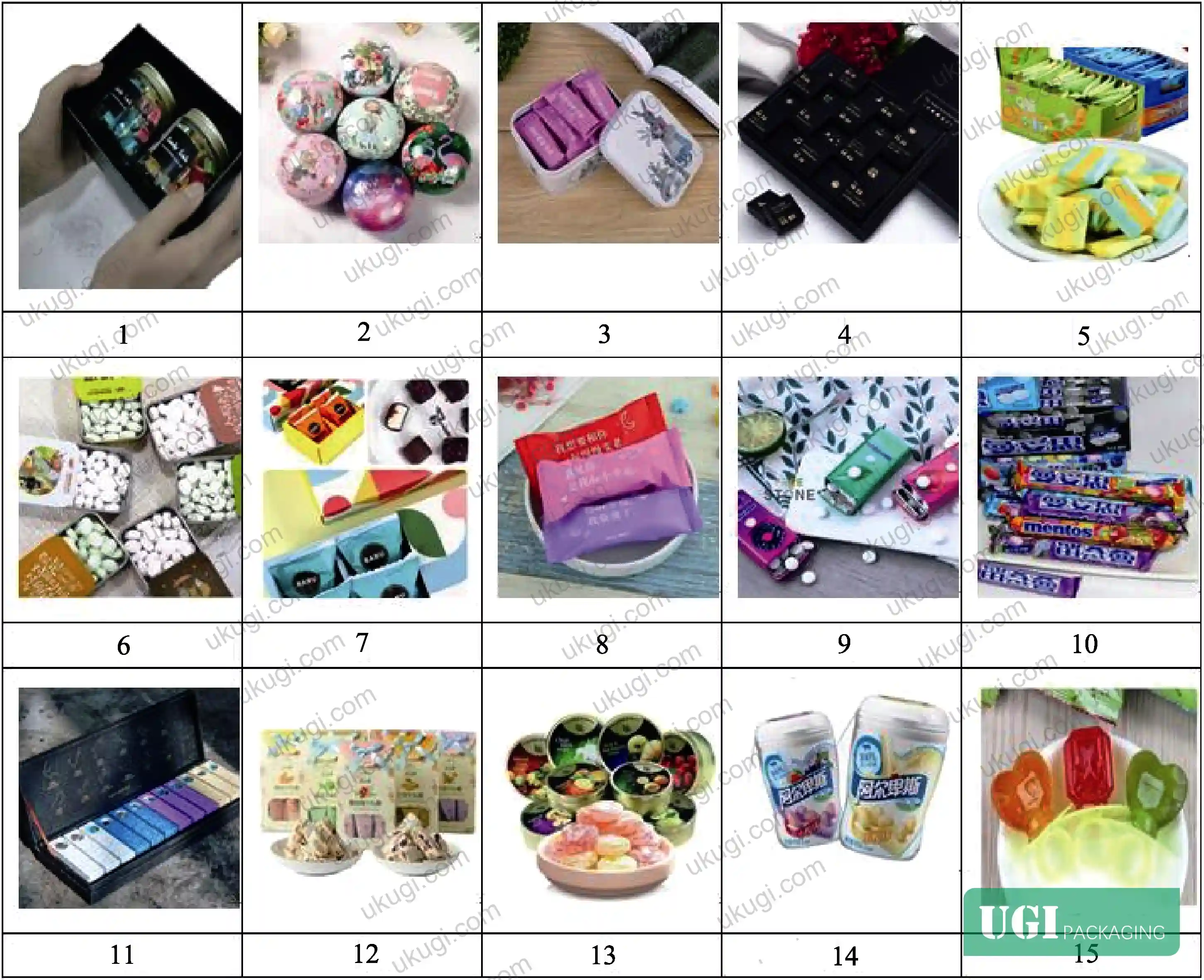 Figure 2: Representative social survey samples showing the 15 candy packaging formats evaluated across paper, plastic, and tin material categories