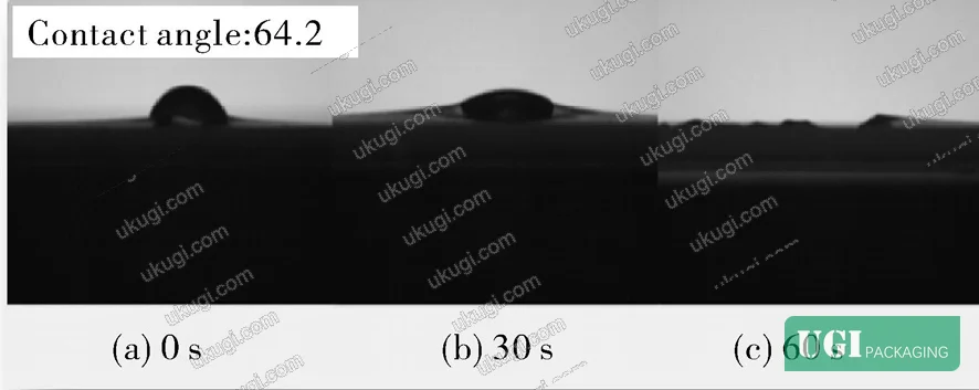 Figure 1: Surface contact angle measurement of cellulose sulfate film prepared from 2 g cellulose sulfate (η₂% = 364 mPa·s) and 0.3 g glycerol in 100 mL deionized water, demonstrating hydrophobic surface modification achieved through controlled esterification