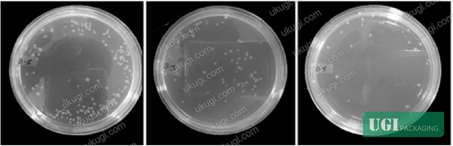 Figure 4: E. coli colony density reduction in the presence of cellulose acetate nanocomposite films: (a) control, (b) neat CA, (c) CA/PEG20, (d) CA/PEG20/OMMT1, (e) CA/PEG20/OMMT3, (f) CA/PEG20/OMMT5, demonstrating concentration-dependent antimicrobial activity against Gram-negative bacteria