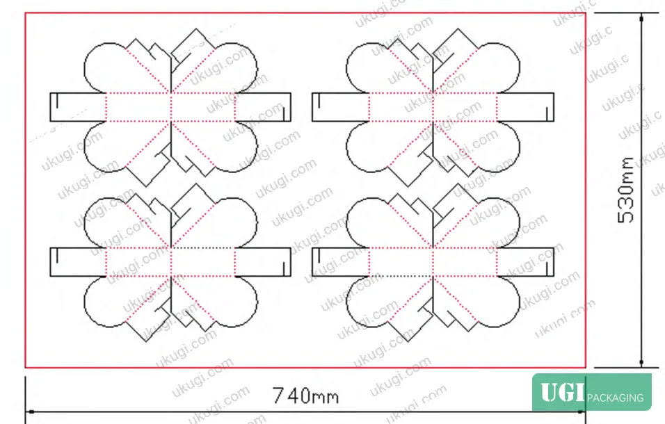 Figure 2: Four-up gang imposition layout showing die-cut blank nesting on 740×530 mm press sheet with 3 mm bleed margins