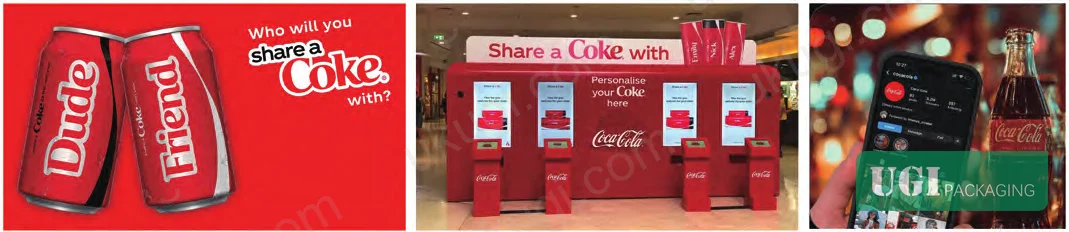 Figure 2: Coca-Cola "Share a Coke" iterative project — demonstrating the evolution from static name-personalization on packaging to a fully digitally-integrated scan-generate-share experience cycle.