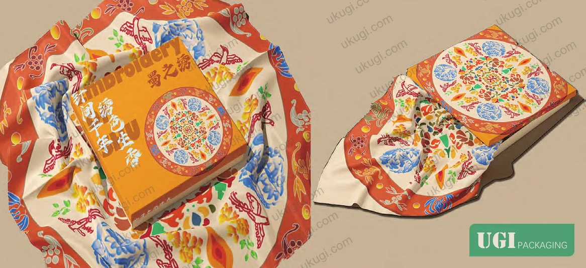 Figure 23: Final production packaging design showing vectorized Shu embroidery motif integrated on outer box face