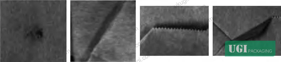 Figure 1: Eight paper bag defect categories used for model training and validation — handle misalignment, offset adhesion, single handle, missing handle, contamination, wrinkling, delamination, and fold-over