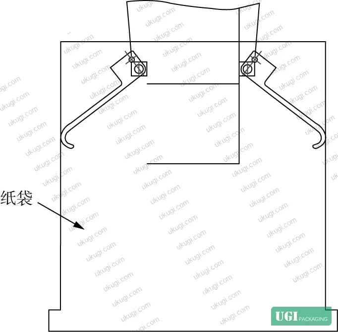 Figure 6: Bag support structure showing swing-arm spreader mechanism and telescoping chute assembly