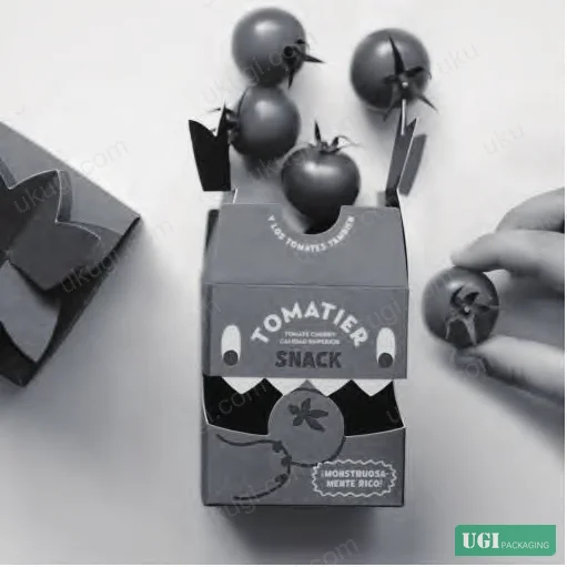 Figure 3: Embossed relief panel on food carton lid — three-dimensional leaf vein structure produced via matte UV coating over emboss tooling, showing tactile contrast zone