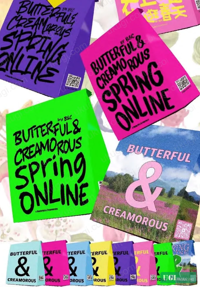 Figure 3: Butterful & Creamorous paper bag packaging — large-area fluorescent color field with densely packed, varied-size distorted typography demonstrating acid layout and color language