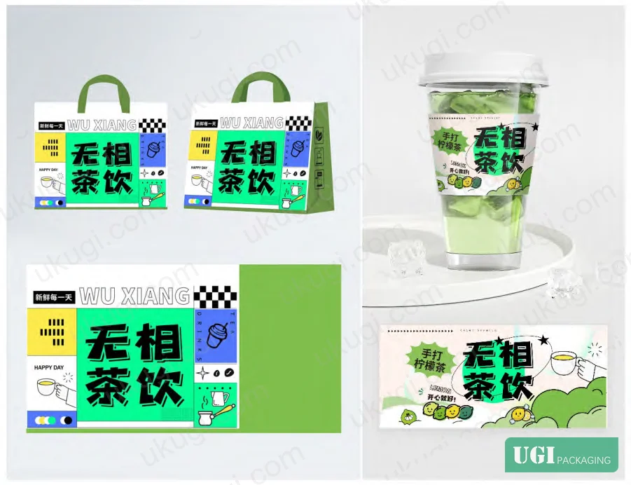 Figure 4: Unphase Tea Beverages acid packaging design — fluorescent primary colors, crystal/bubble texture elements, distorted layout, and sharp typography repositioning a traditional tea brand for young consumers