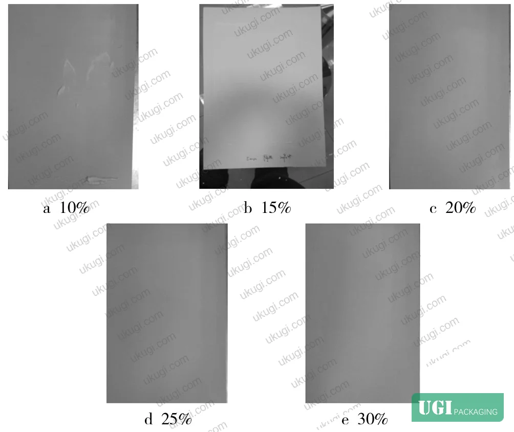 Figure 6: Comparative coating appearance for ambient insulation coating A at dilution levels from 10% to 30% distilled water addition