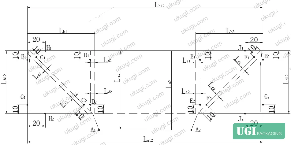 Figure 2: Folding carton wing structure diagram and quality inspection measurement point locations (B.1 and B.2 from the standard)