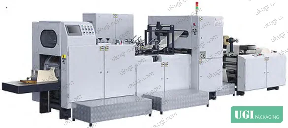 Figure 2: Web-fed pointed-bottom bag machine specifications — bag width 70–250 mm, gusset 20–120 mm, speeds up to 320 bags/min