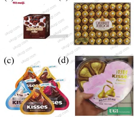 Figure 7: Reference packaging case studies — Meiji MeltyKiss square format and Ferrero Rocher foil-bottom presentation