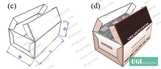 Figure 4: Structural prototype — flat unfolded dieline (laboratory lightbox photography) and isometric assembly view