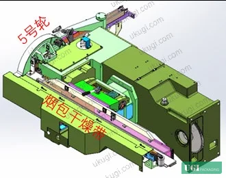 Figure 1: GDX500 carton packaging machine — small box entering the 5th wheel transfer station, showing the conveyor exit position and pack alignment zone