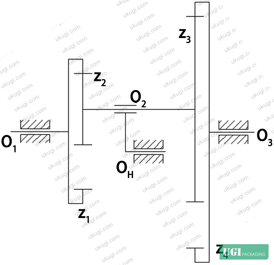 Figure 5: Internal gear speed-change mechanism — showing gear shaft, eccentric seat bearing, worm gear assembly, and internal gear cluster engagement geometry