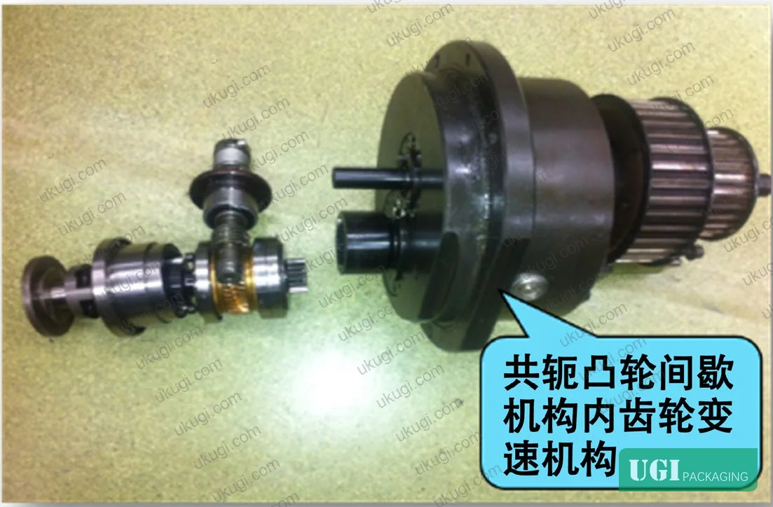 Figure 7: Conjugate cam intermittent mechanism and full conveyor drive chain — showing cam profile contact zones, roller positions, and transmission sequence from cam output through to main drive pulley