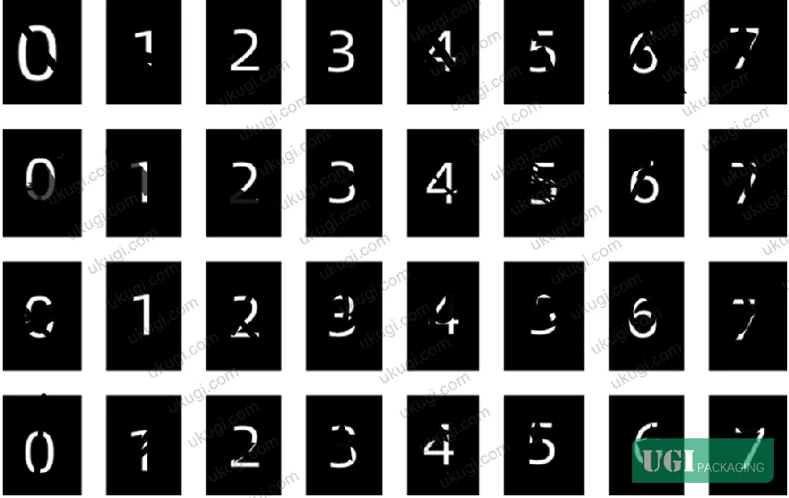 Figure 1: Template and test sample images showing holographic security code characters, including degraded, broken-stroke, and overlapping character cases
