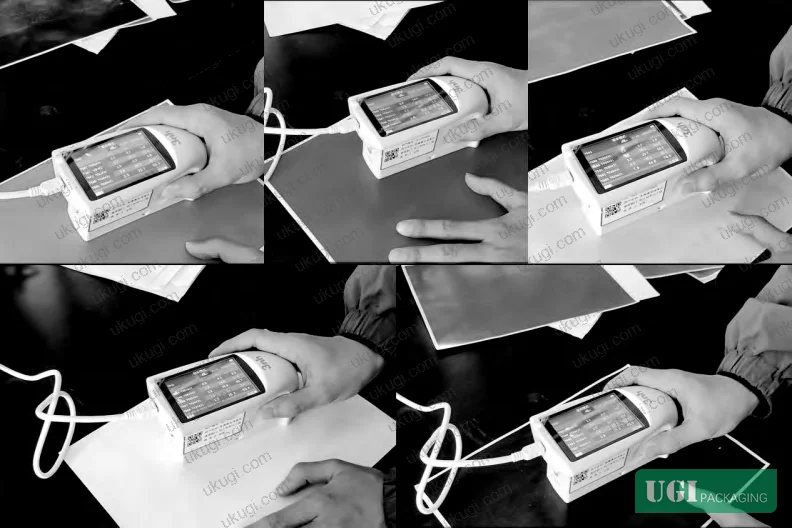 Figure 2: Multi-angle gloss meter measurement before and after water-based varnish application — verifying 60° gloss uniformity across coated print surface