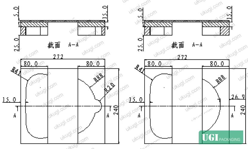 Figure 1: Outer box dimension comparison — original vs. optimized design showing container utilization improvement