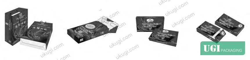 Figure 4: Series packaging structural formats — tote carrier, flip-lid, and slide-drawer box variants shown with dieline layout