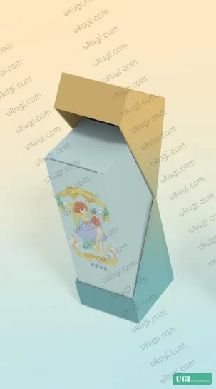 Figure 2: Folding carton die-cut layout for individual essential oil box — gradient color base with three-character illustration main panel