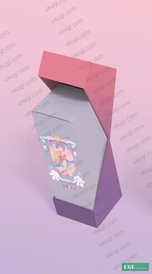 Figure 4: Three-piece gift set packaging assembly — single boxes, gift box with recessed slot design, and paper carrier bags with character illustration layout