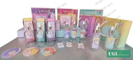 Figure 5: Complete finished product display — single essential oil box, gift set box, split-box format, paper carrier bag, bottle stickers, and peripheral accessories showing full Y2K-style millennial aesthetic packaging system
