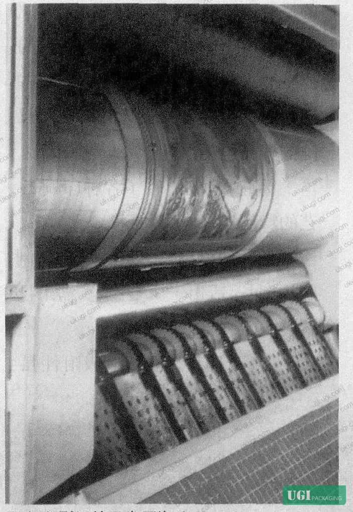 Figure 2: Wide-web pre-print flexo line configuration showing roll-to-roll printing, rewind, and subsequent corrugator lamination process