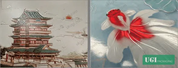 Figure 2: Comparison of hot foil stamping line borders versus holographic lithography ink-knockout lines — both achieve sharp metallic definition when ink knockout is applied correctly