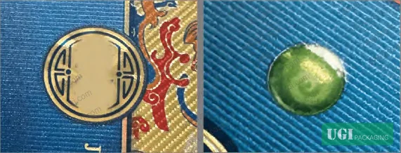 Figure 3: Dynamic cat-eye texture comparison — gold cat-eye with single ink pass (substitution successful) versus green cat-eye with two ink passes (substitution failed)