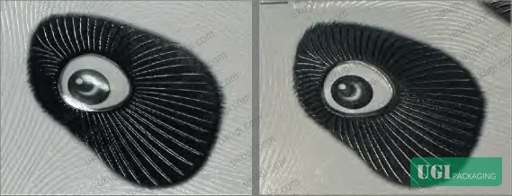 Figure 4: Cat-eye effect substitution failure case — solid white underprint (2 passes) completely blocks holographic cat-eye reveal, rendering lithography substitution unacceptable for this design