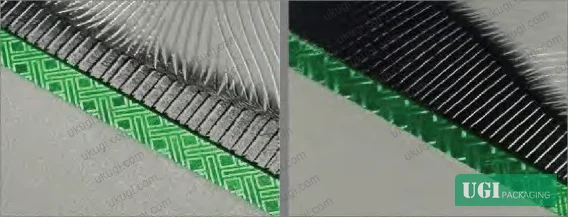 Figure 5: Micro-engraved line precision comparison — hot foil stamping delivers uniform line weight and edge clarity (left); holographic lithography shows reduced internal line definition and contrast loss under ink coverage (right)