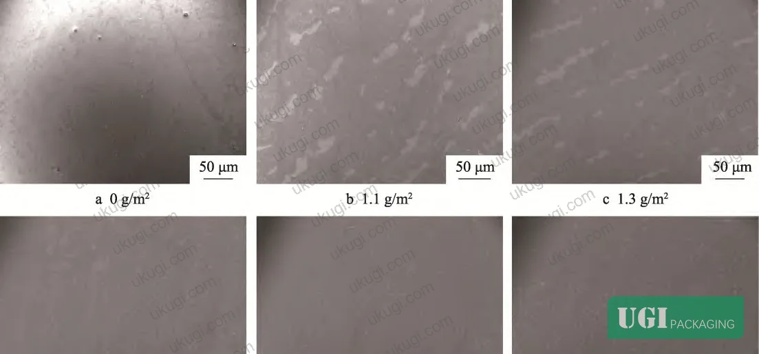 Figure 2: SEM micrographs showing coating distribution on board surface at different anti-mildew varnish coating weights — from uneven streaking at 1.1 g/m² to uniform film formation at 2.7 g/m² and above