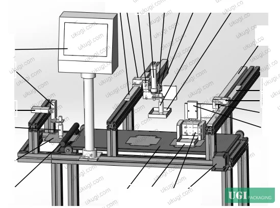 Figure 1: Three-dimensional model of the automated gluing conveyor mechanism showing the four functional zones — cover pickup and adhesive application, conveyor section, bare box pickup and positioning, and finished assembly push-out